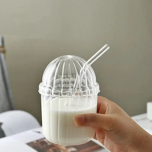 Clear glass bobo cup with ribbed dome lid and matching straw for milkshake by decorbites clear glass set