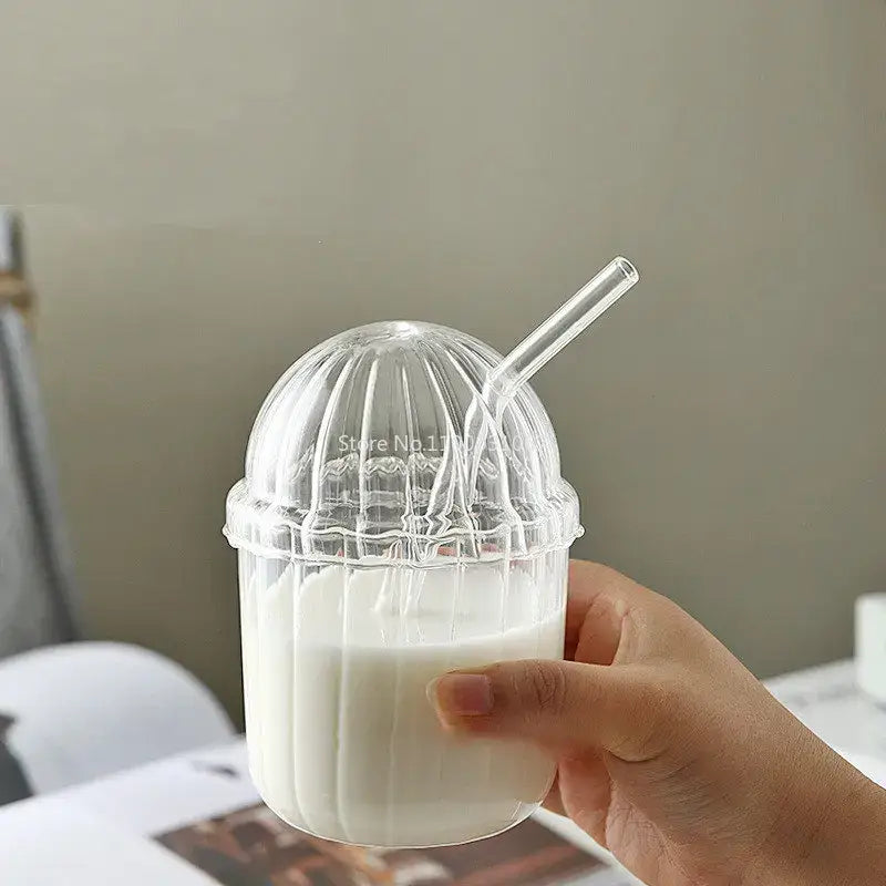 Clear glass bobo cup with ribbed dome lid and matching straw for milkshake by decorbites clear glass set