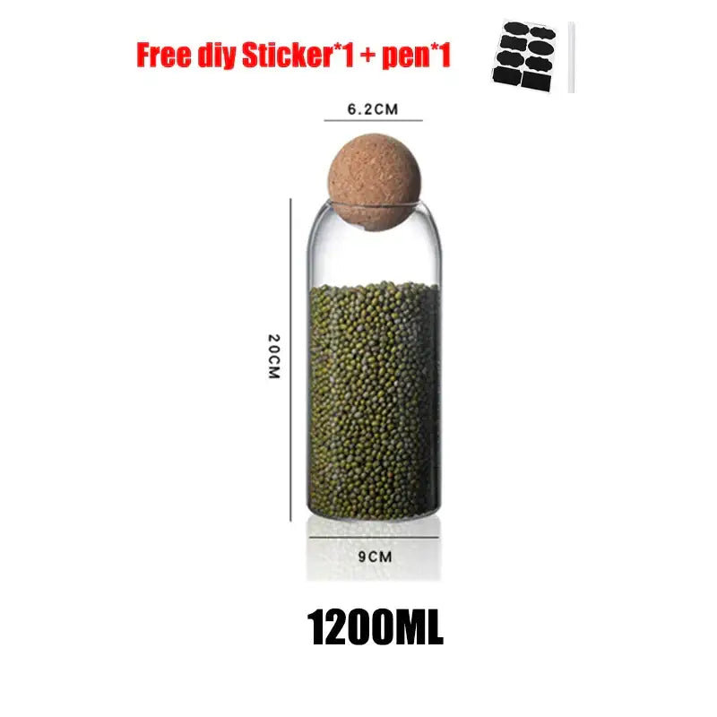 Clear glass bottle dispenser with natural cork stopper filled with green mung beans from decorbites dispenser set