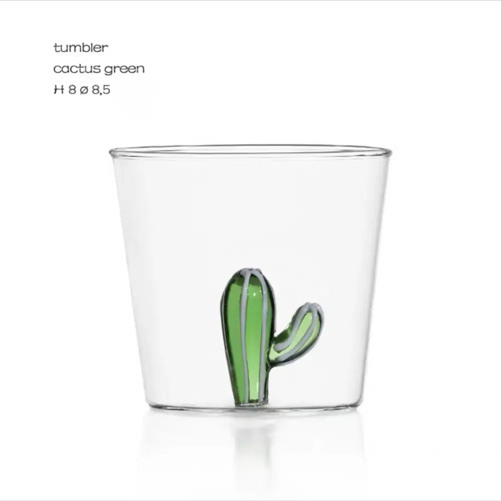 Clear glass cactus cup featuring a vibrant green cactus bunny design fused into the base for dining room drinkware
