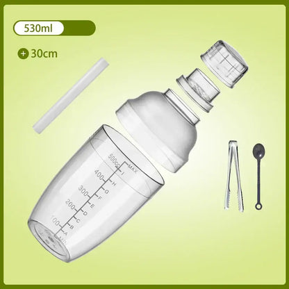 Clear plastic cocktail shaker with measurement markings and silver lid by decorbites for kitchen and barware use