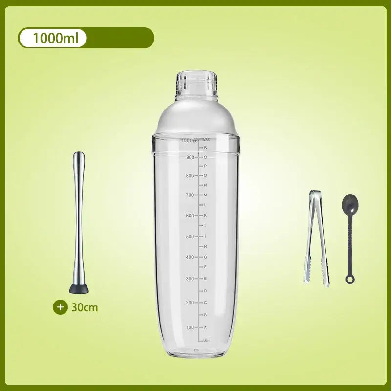Clear glass decorbites cocktail shaker with silver lid 1000ml capacity measurement markings with muddler tongs spoon