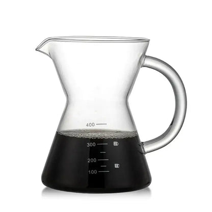 Clear glass coffee pot with stainless steel filter and measurement markings for precise brewing