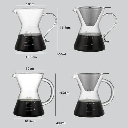 Clear glass coffee pot with stainless steel filter and measurement markings for precise brewing in kitchen coffeeware