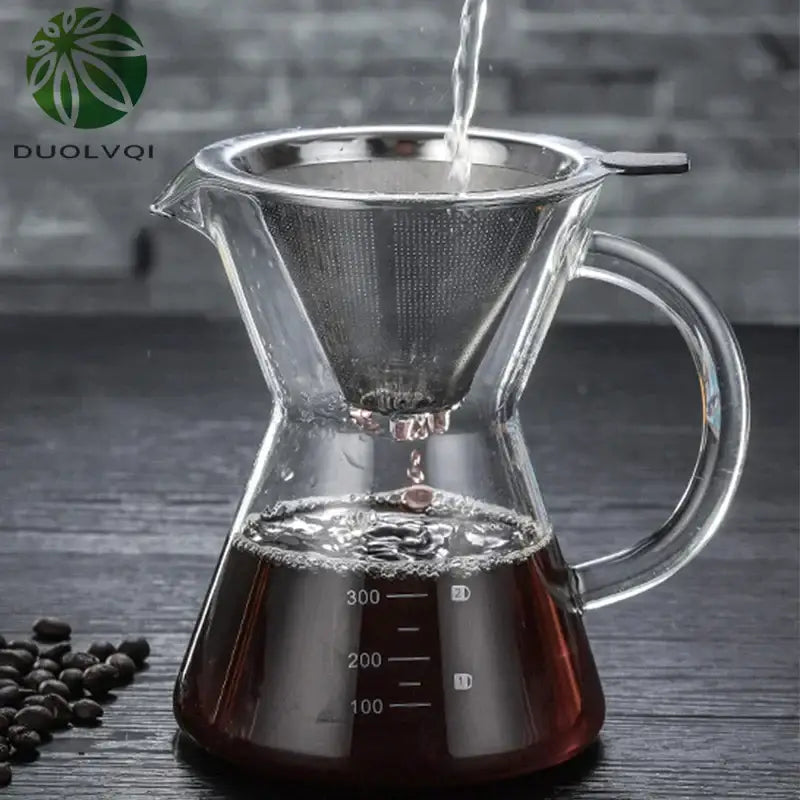 Clear glass coffee pot with stainless steel filter and measurement markings for precise pour-over brewing
