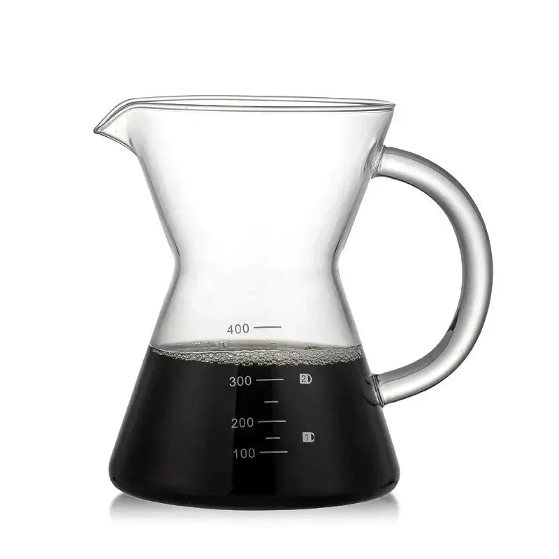 Clear glass coffee pot with stainless steel filter and curved handle featuring measurement markings for precise brewing