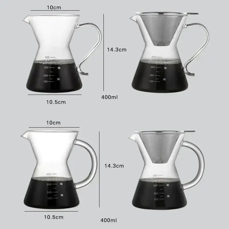 Clear glass coffee pot with stainless steel filter and measurement markings for precise pour-over brewing