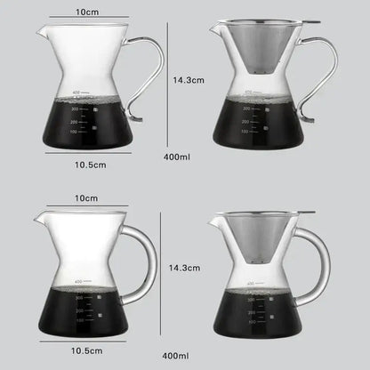 Clear glass coffee pot with stainless steel filter and measurement markings for precise pour-over brewing