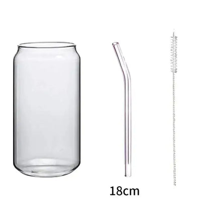 Clear glass drink cup with bamboo lid soda can shape curved straw and cleaning brush decorbites glass drink glass cup