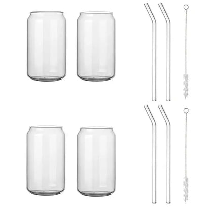 Clear glass drink cup with bamboo lid and straw featuring a soda can-shaped decorbites glass drink design