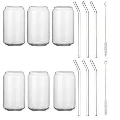 Set of six clear glass drink cups with bamboo lids, curved glass straws, and cleaning brushes for soda decorbites glass drink