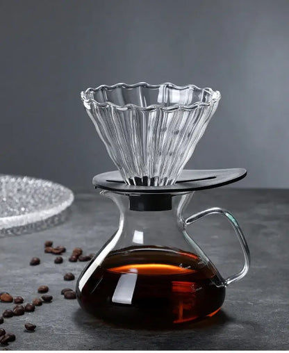 Clear glass drip pot coffee set featuring a pour-over pot with fluted ribbed filter and black plastic base