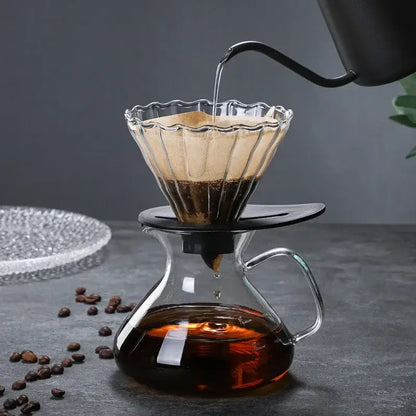 Clear glass drip pot coffee maker with fluted rim and black plastic base for drip pot coffee set use