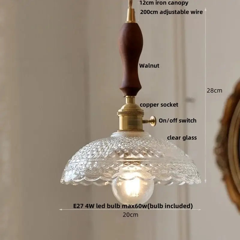 Vintage-style pendant light with dark walnut wood canopy brass hardware and clear glass flower acrylic led shade decorbites acrylic led pendant