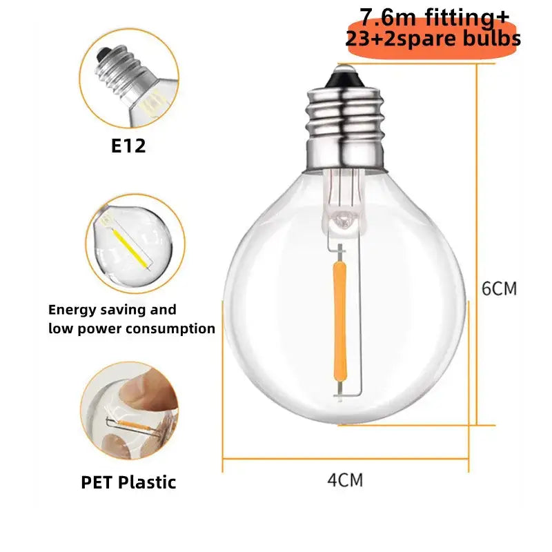 Clear glass globe g40 led string light with silver e12 base and orange led filament made of pet plastic for garden decor