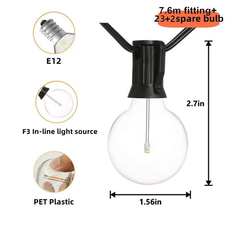 Clear glass globe g40 led string light with black base and e12 screw fitting featuring f3 inline led filament decorbites g40 led