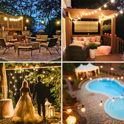Clear glass globe g40 led string lights with warm white bulbs draped over outdoor structures for garden decorbites g40 led use