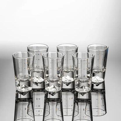 Clear glass liquor cup set with etched measurement markings and diamond bases from decorbites clear glass collection