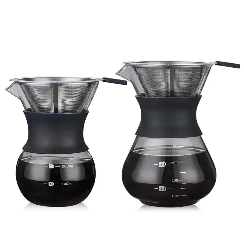 Clear glass pour over coffee maker with stainless steel filter and black silicone handles in 200ml and 300ml sizes