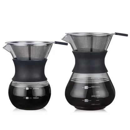 Clear glass pour over coffee maker with stainless steel filter and black silicone handles in 200ml and 300ml sizes