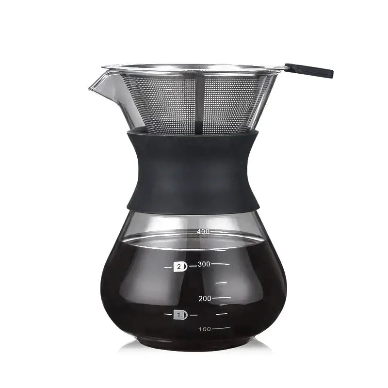 Clear glass pour over coffee maker with black silicone handle and stainless steel filter for kitchen use