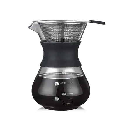 Clear glass pour over coffee maker with black silicone handle and stainless steel filter for kitchen use