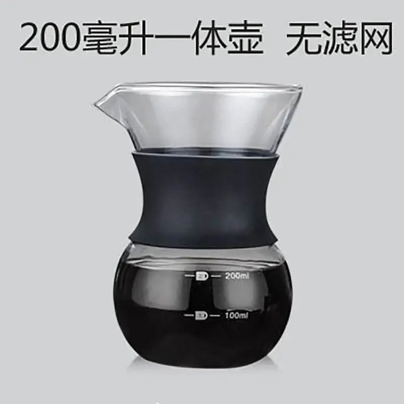 Clear glass pour over coffee maker with stainless steel filter and black silicone handle for 200ml capacity