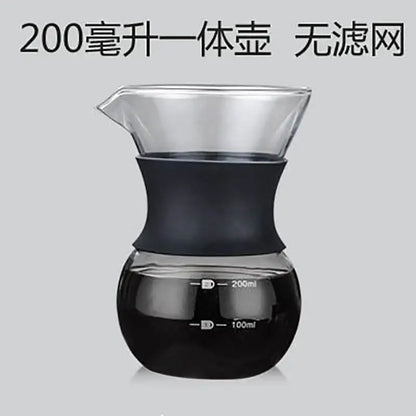 Clear glass pour over coffee maker with stainless steel filter and black silicone handle for 200ml capacity