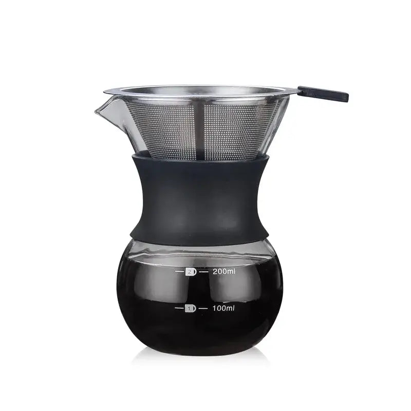 Clear glass coffee maker with black silicone base and stainless steel filter for pour over brewing