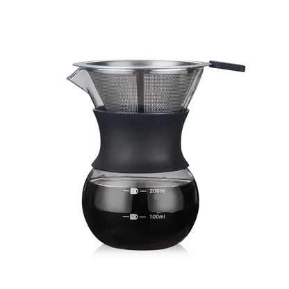 Clear glass coffee maker with black silicone base and stainless steel filter for pour over brewing