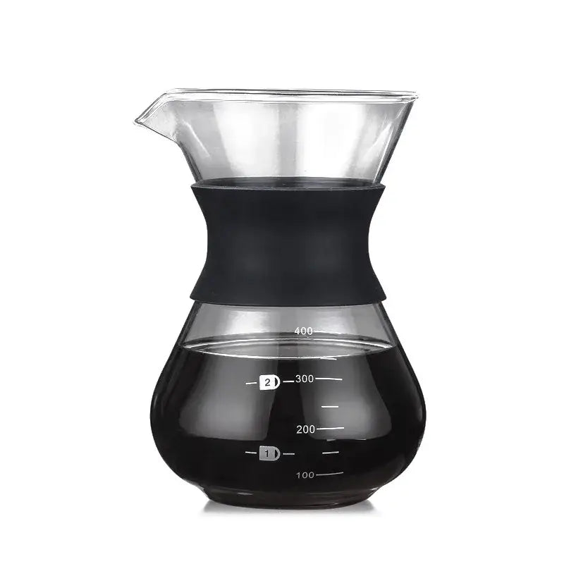 Clear glass pour over coffee maker with black silicone handle and stainless steel filter with measurement markings