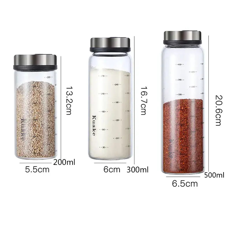 Clear glass spice shaker jars with rotary lid stainless steel lids labeled kuake for salt sesame pepper storage