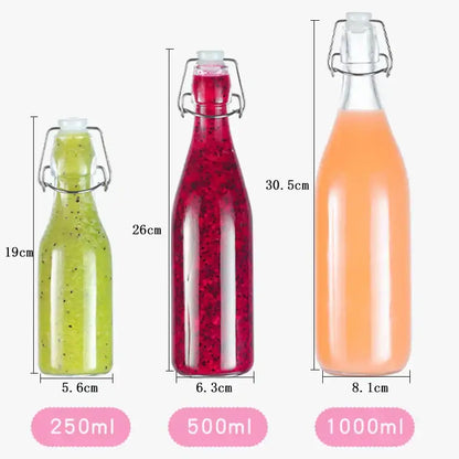 Three clear glass storage bottles in 250ml 500ml and 1000ml with swing top lids and colorful liquids decorbites glass storage