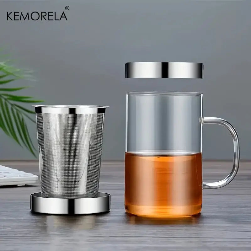 Clear glass tea infuser mug with stainless steel infuser lid and handle made of borosilicate for kitchen use