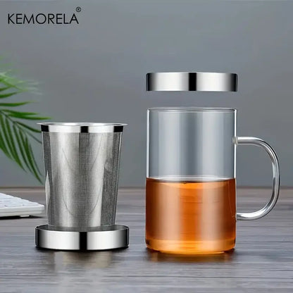 Clear glass tea infuser mug with stainless steel infuser lid and handle made of borosilicate for kitchen use