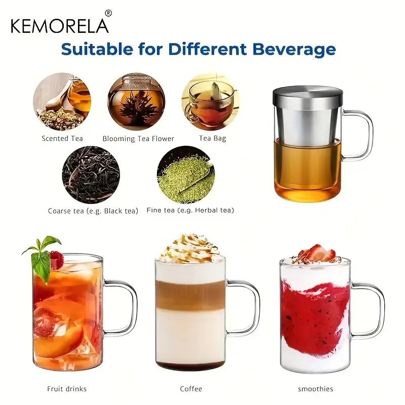 Clear glass tea infuser mug with stainless steel infuser lid and handle for brewing tea and serving beverages