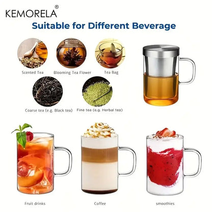 Clear glass tea infuser mug with stainless steel infuser lid and handle for brewing tea and serving beverages