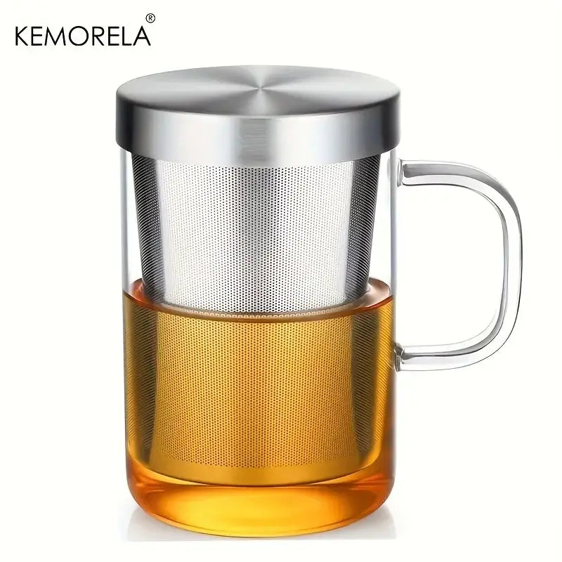 Clear glass tea infuser mug with stainless steel infuser and lid filled with amber brewed tea kitchen borosilicate cup