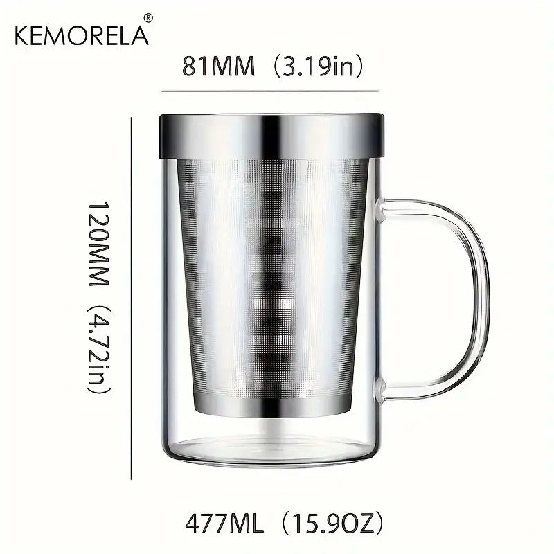 Clear glass tea infuser mug with stainless steel infuser handle and lid by kemorela made of borosilicate glass