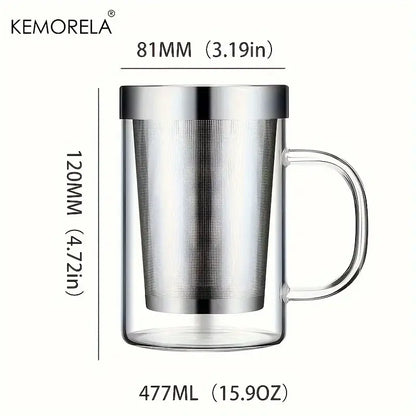 Clear glass tea infuser mug with stainless steel infuser handle and lid by kemorela made of borosilicate glass