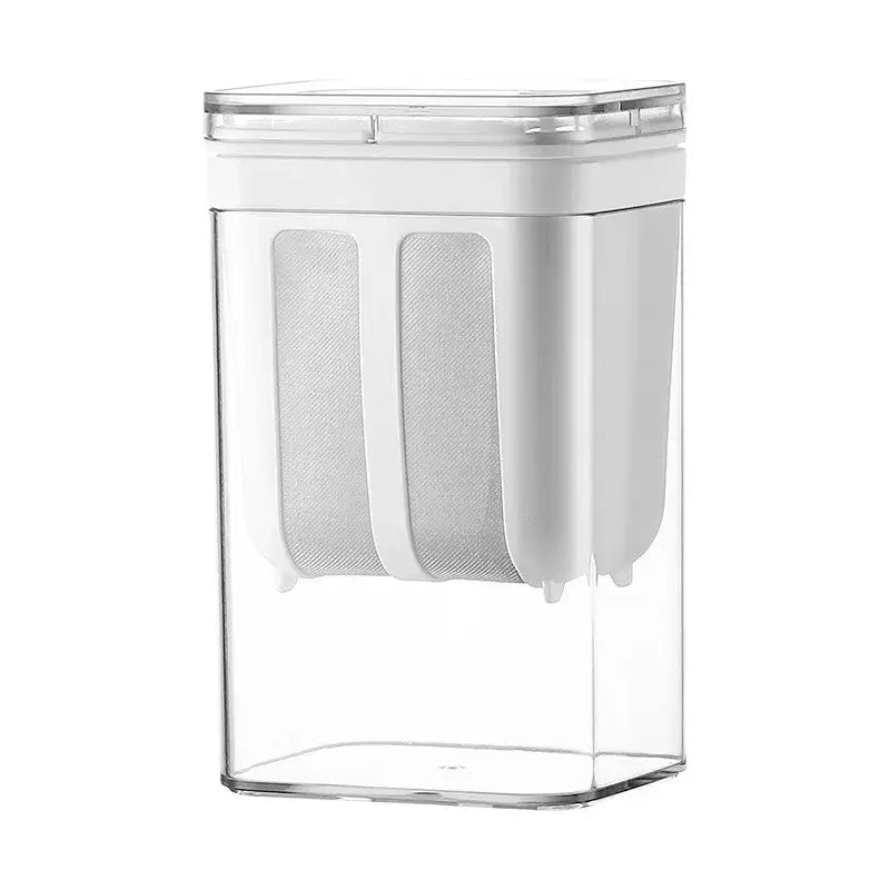 Clear plastic greek yogurt maker with white lid and two vertical mesh filters for homemade greek yogurt
