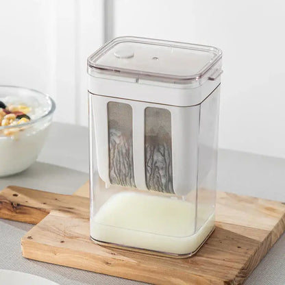 Clear plastic greek yogurt maker with white lid and dual mesh filters filled with creamy liquid for yogurt making