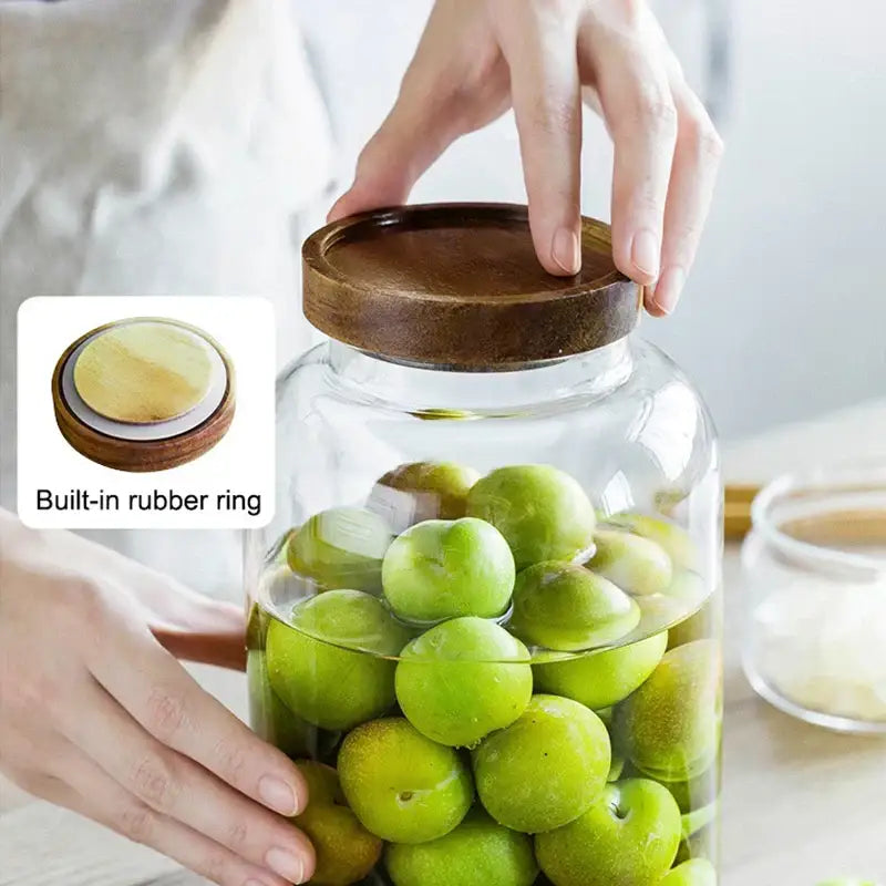 Clear kitchen glass jar with dark brown wooden acacia lid and built-in rubber ring for food storage set of 2