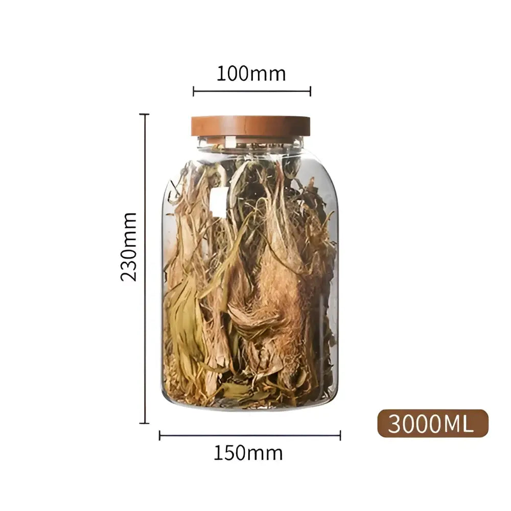 Clear kitchen glass jars set of 2 with acacia lids filled with dried herbs for food storage