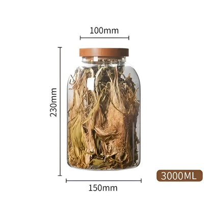 Clear kitchen glass jars set of 2 with acacia lids filled with dried herbs for food storage