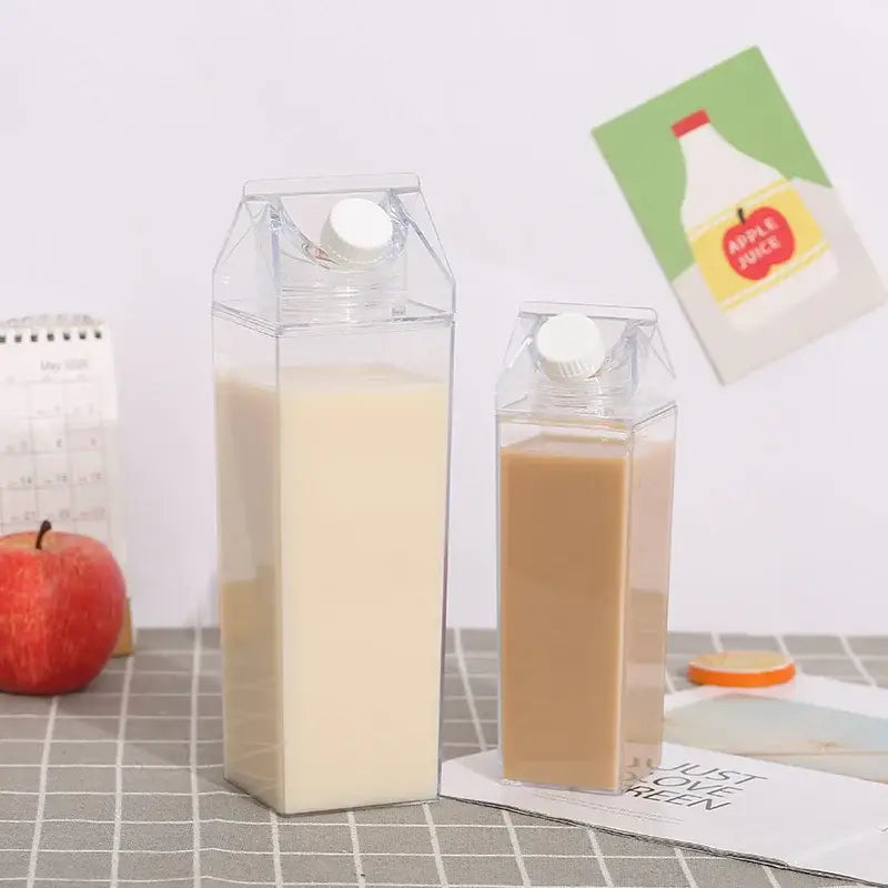 Clear milk carton water bottle set with white screw-on cap for kitchen juice storage by decorbites clear milk