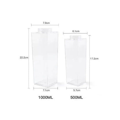 Two transparent clear milk carton plastic water bottles with white caps and volume markings for kitchen juice storage
