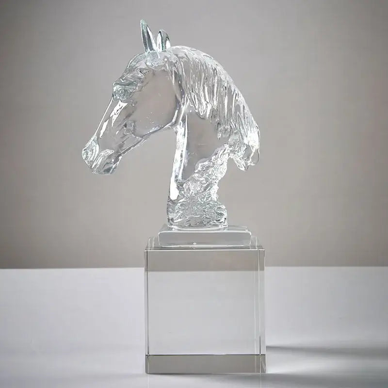 Clear glass horse head crystal sculpture on matching base for decorbites horse head living room decor in teal accents