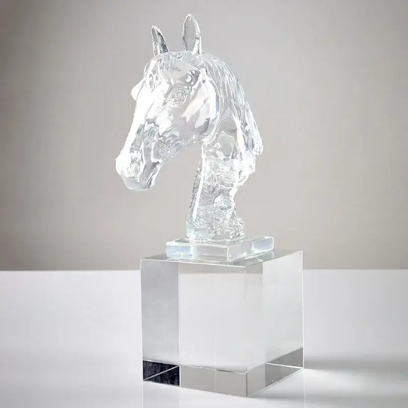 Clear and teal horse head crystal statue on square base for elegant living room decor by decorbites horse head collection