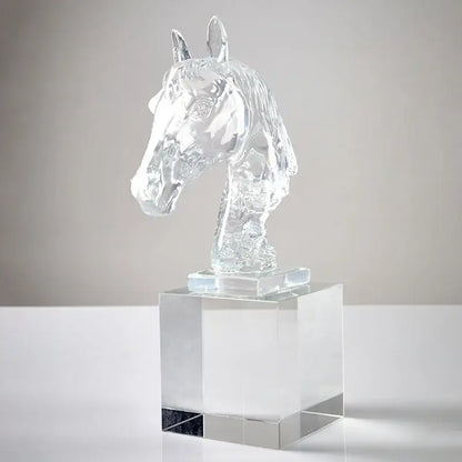 Clear and teal horse head crystal statue on square base for elegant living room decor by decorbites horse head collection